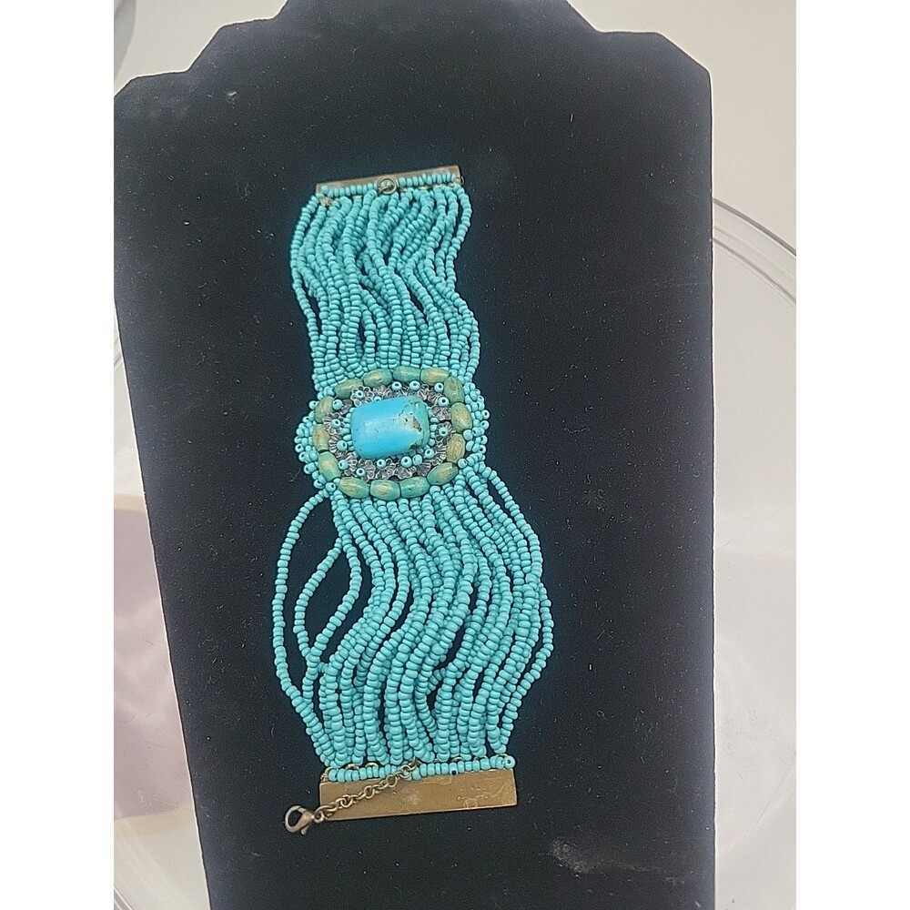 Turquoise And Seed Bead Multistrand Bracelet MaLee Statement 7" Boho Magnetic
